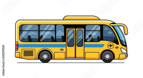 Yellow cartoon bus with blue stripes, isolated on white background