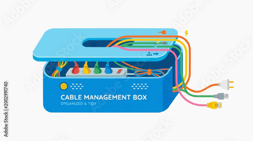 A vibrant and organized view of a cable management box, designed to keep electronic cords and wires neatly contained, reducing clutter and enhancing the visual appeal of any workspace.