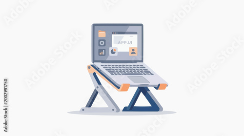 A modern laptop rests on a minimalist stand, showcasing a user-friendly interface with data and charts displayed on its screen, symbolizing productivity and digital innovation.