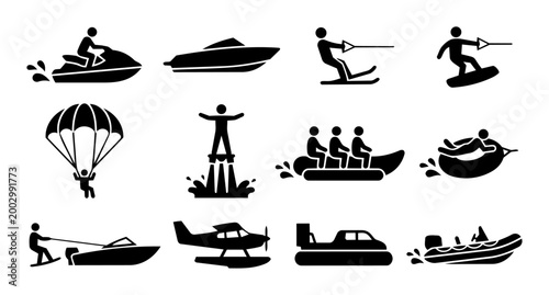 Motorized Water Sports Silhouette Icon Set – Jet Ski Wakeboard Parasailing Boat Collection