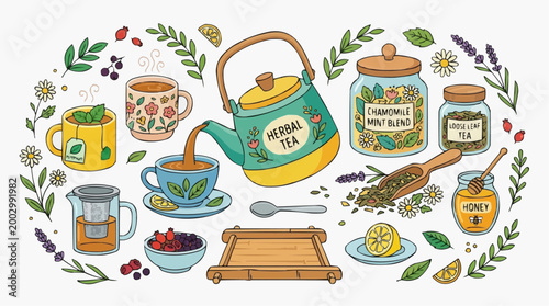 A visual feast of herbal tea essentials, with a vibrant teapot, cups, jars of dried herbs, honey, and fresh lemons create an inviting scene. Perfect for illustrating health, wellness.