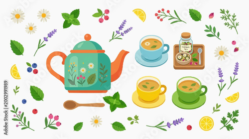 A vibrant illustration showcasing a tea set, accompanied by floral and herbal elements that evoke relaxation, peace, and natural wellness. 