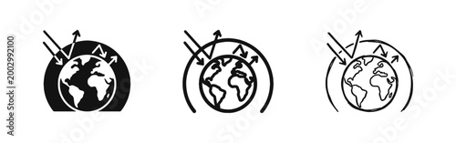 Greenhouse effect and global warming icon set depicting Earth with atmospheric radiation arrows