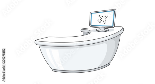 Modern reception desk with airplane icon on monitor