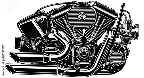 Bild auf Leinwand Detailed Black and White Motorcycle Engine Illustration.