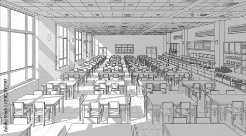 Isometric view of a large cafeteria or canteen interior