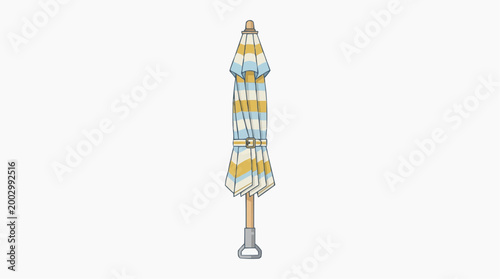 A closed beach umbrella standing upright, rendered in a clean illustration style, featuring yellow, blue, and white stripes, evoking a sense of calm and anticipation for sunny days.