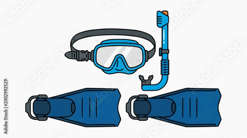 A vibrant illustration showcases essential snorkeling gear, inviting viewers to explore the depths of the ocean. The close-up shot highlights the detailed design of the snorkel, mask, and fins. 