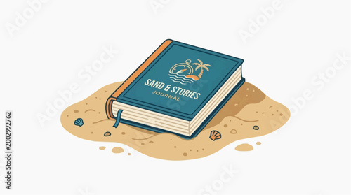 A vibrant journal resting on a bed of sand, illustrated with charming details of a beach and palm trees, depicting a vacation memoir. 