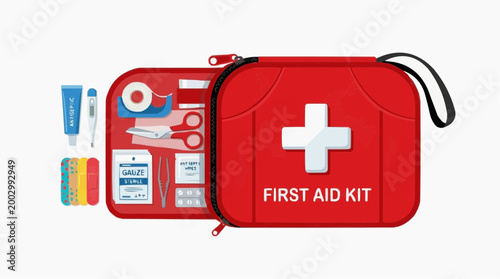 A complete first aid kit opens up, its contents are neatly arranged to showcase all the essential supplies, a comprehensive collection of medical supplies to handle minor injuries and emergencies.