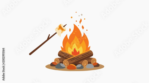 Warmth and coziness emanate from the illustration of campfire as a marshmallow roasts over it, evoking a sense of outdoor adventures and social gatherings.