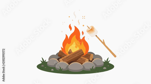 A close up capture a camp fire surrounded by stones, a marshmallow roasting over the fire, with the focus on the flames and the sweet treat.