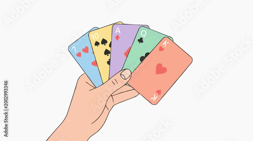 Hand of poker player displays a winning poker hand showing cards and a complete poker set ready for gaming.