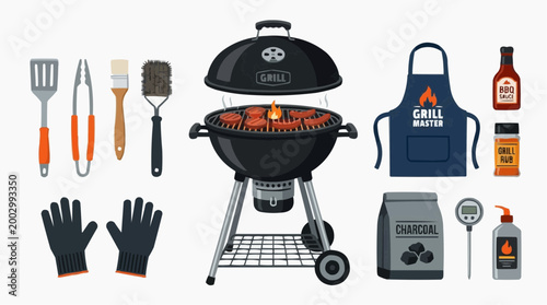 A comprehensive barbecue setup, featuring a detailed arrangement of essential tools and accessories, perfect for a culinary grilling experience.