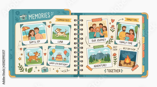 An illustrated scrapbook brimming with treasured moments, featuring vibrant snapshots of life's best memories, evoking feelings of nostalgia and togetherness.