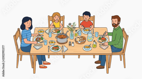 A family enjoys a delightful meal together at a beautifully set wooden table, sharing laughter and connection in a warm and inviting dining room scene.