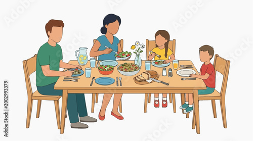 A family dines together around a wooden table, enjoying a nutritious meal in a heart-warming display of unity and connection.