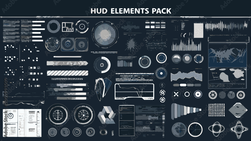 Fototapeta premium hud elements pack a comprehensive monochrome white interface graphic collection on black background high quality professional detailed modern