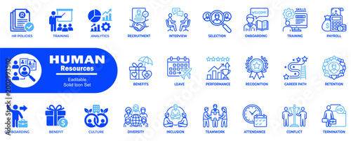 Comprehensive human resources icons. Featuring hr policies, training, analytics, recruitment, interview, selection, onboarding, skills, payroll, benefits, leave, career.