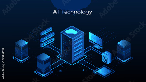 ai technology isometric illustration with server stacks cloud computing and data network connections high quality professional detailed modern
