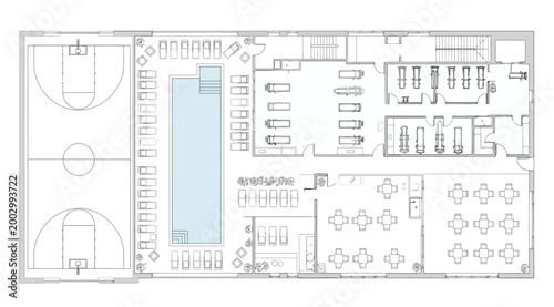 Foto Architectural floor plan of a recreational facility with basketball court, swimm
