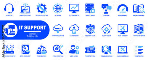 Eaditable solid icon set for it support. Includes help desk, remote support, troubleshooting, network and system health icons for web.