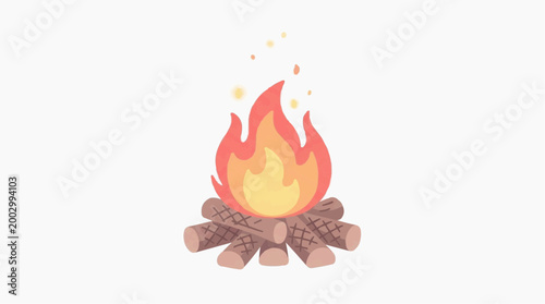 An illustration depicts a vibrant campfire with burning flames atop a collection of wooden logs. Evoking the warmth and charm of outdoor gatherings and storytelling. 