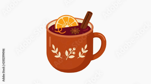 A visually appealing illustration of a mug filled with a warming beverage, spiced with cinnamon and citrus, set against a clean backdrop.  
