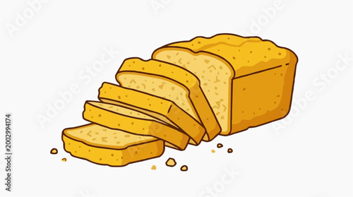 A freshly baked loaf of golden bread, partially sliced to showcase its soft texture. Evoking the warm, comforting essence of homemade baking.