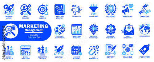 Modern marketing management editable solid icon set. Featuring business and advertising communication concepts collection of icons.