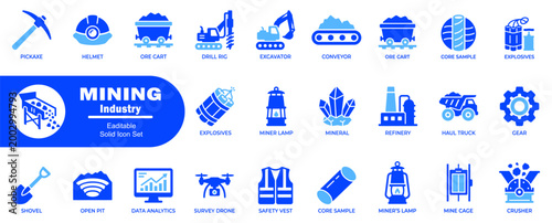 Mining and resource extraction editable solid icon set. Featuring exploration, equipment tools and processes in geological sector collection.