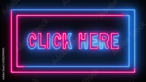 Looping neon 'CLICK HERE' text animation inside a vibrant pink and blue glowing rectangle frame on a dark background, call to action, web button, user interface, or digital marketing