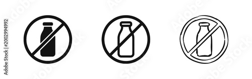 Lactose Free and Dairy Free Icon Set with Milk Bottle Prohibited Symbol
