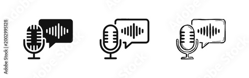 Podcast Microphone and Sound Wave Speech Bubble Icon Set for Audio Communication