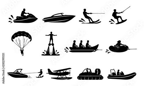 Motorized Water Sports Silhouette Icon Set – Jet Ski Boat Wakeboard Parasailing Holiday Collection
