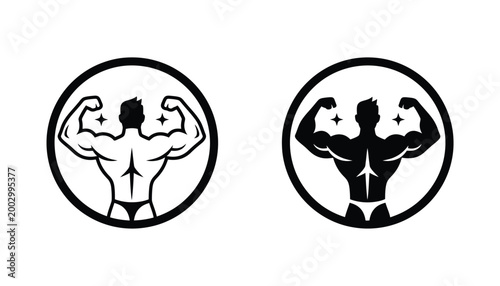 Muscular bodybuilder back pose inside circle frame vector emblem