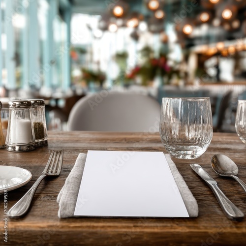 A table is prepared for dining with silverware, a glass, and an empty menu in a busy restaurant atmosphere