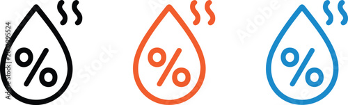 Humidity Vector Icon Set Featuring Water Drop and Percentage Symbols for Weather Forecasting Air Quality Monitoring and Climate Control Interface Designs,