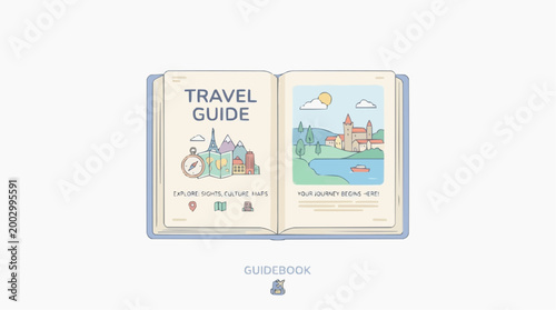 An open travel guide displays vibrant illustrations, a compass, and landmarks. The book showcases beautiful places with scenic views, and cultural experiences. Travel guide is open.