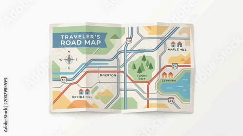 A detailed and colorful illustration of a folded road map unfolds, guiding the viewer through imagined landscapes. 