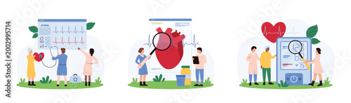 Heart health check and cardiovascular system checkup, cardiology set. Tiny cardiologists listen heart with stethoscope, people research EKG report with magnifying glass cartoon vector illustration