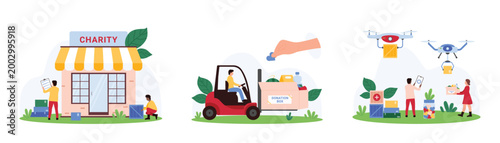 Charity organization and logistics, delivery, storage and distribution of humanitarian aid set. Tiny people carry grocery food boxes on forklift to warehouse, using drones cartoon vector illustration