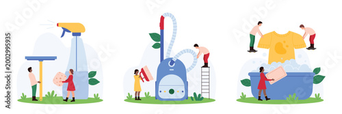 Cleaning service and laundry, cleanup set. Tiny team of professional janitors housekeeping, people work with hoover and brush, detergent spray and squeegee, wash clothes cartoon vector illustration
