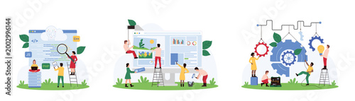 Code and web design development, website optimization process set. Tiny people building UI layout, move gears, developers search programming errors with magnifying glass cartoon vector illustration