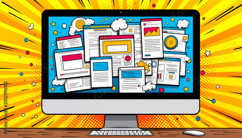 Dynamic digital chaos on computer screen, vibrant pop art expression
