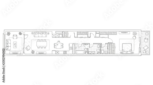 Konstfotografi Detailed floor plan of a long rectangular apartment with furniture