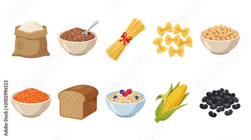 Collection of various healthy carbohydrate foods including grains, pasta, bread, and legumes.