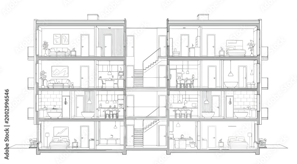 Naklejka premium Cross section of a modern multistory residential apartment building with furniture and interior design