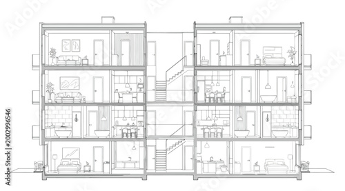 Photos Cross section of a modern multistory residential apartment building with furnitu