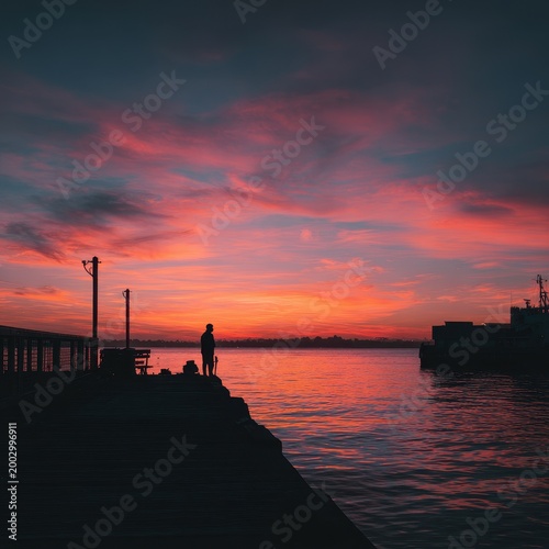 A person stands still on a dock looking at the colorful sunset over calm water in the evening